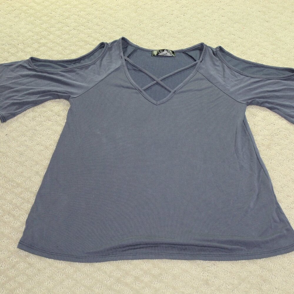 Vintage 90s Ditzy Daizy Women's Small Blue So Velvety Soft Cold Shoulder Blouse